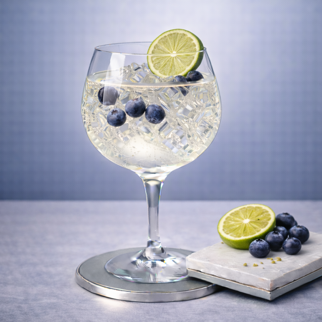 Le Gin du Mont Blanc servi avec Fever-Tree Mediterranean Tonic Water, agrémenté de Thin slice of lime et Fresh blueberries