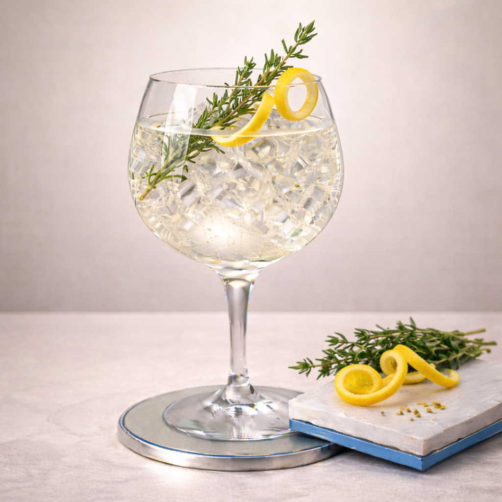 Distillerie du Sonneur Gin served with Archibald French Tonic, garnished with Fresh thyme sprig and Lemon zest twist