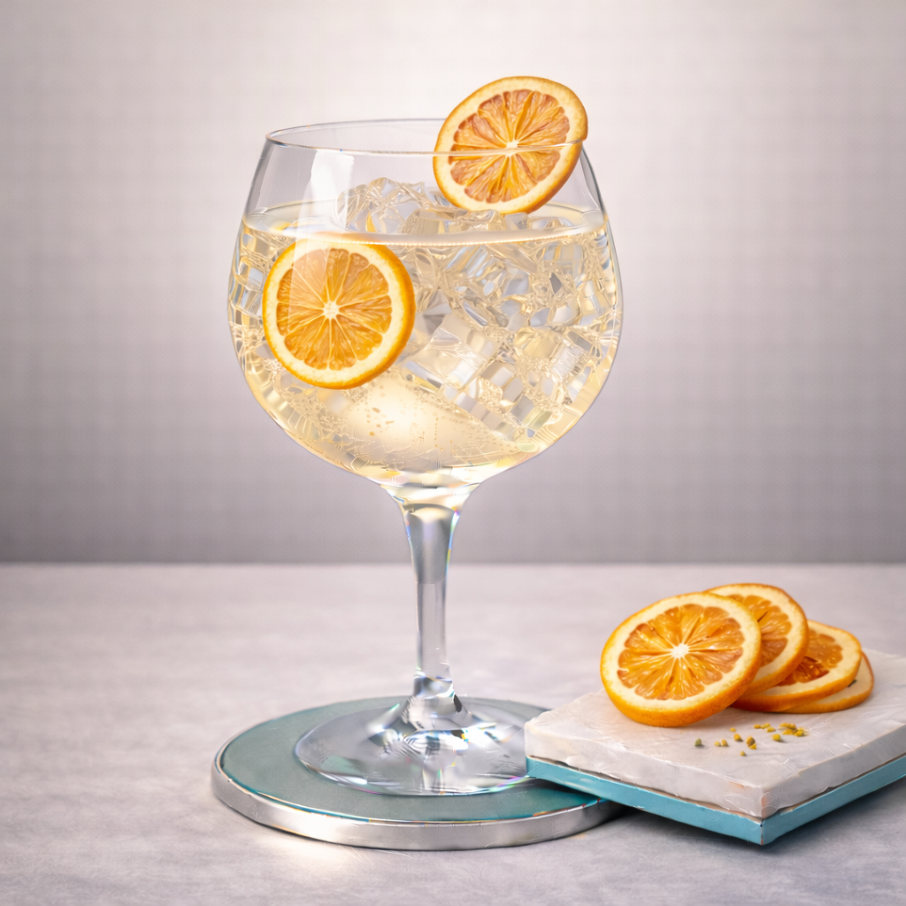 Gin Vilanova served with Fentimans Valencian Orange Tonic Water, garnished with thin slice of dehydrated orange