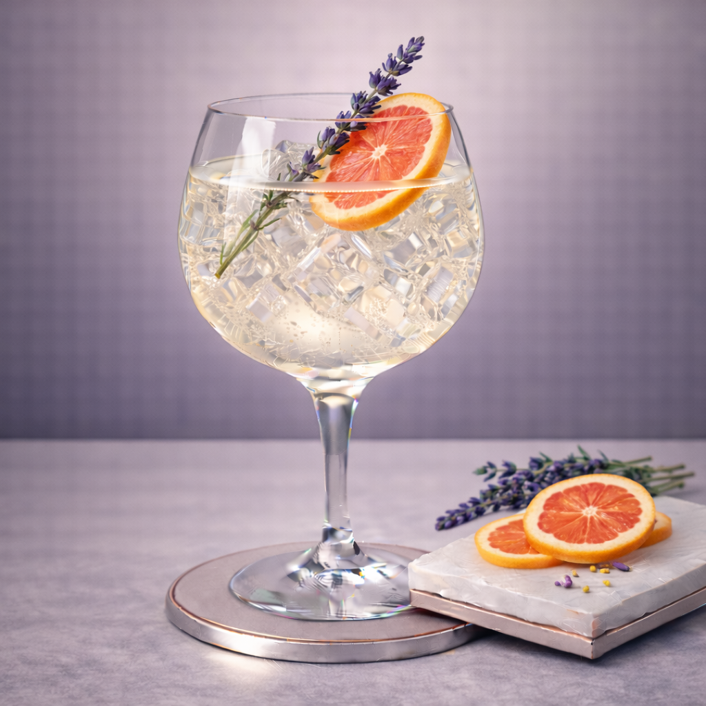 Gin de Roseline served with Fever-Tree Mediterranean Tonic Water, garnished with Thin slice of fresh grapefruit and Sprig of lavender