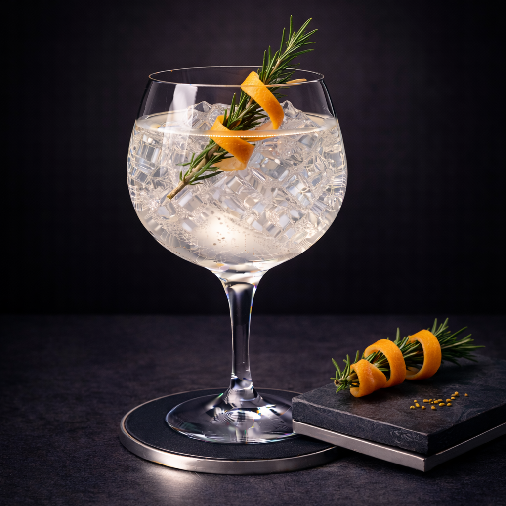 Sipsmith V.J.O.P. Gin served with Fever-Tree Mediterranean Tonic Water, garnished with Sprig of rosemary wrapped in an orange peel twist