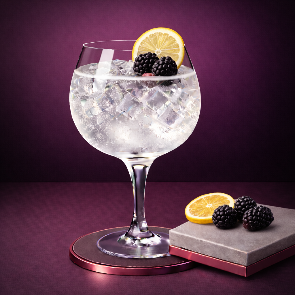 Sipsmith Sloe Gin servi avec Fever-Tree Sicilian Lemon Tonic, agrémenté de thin slice of fresh lemon et ripe blackberries