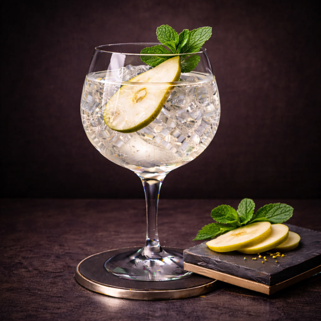 Whitley Neill Quince Gin served with Fever-Tree Mediterranean Tonic Water, garnished with thin slice of fresh pear and lightly bruised mint sprig