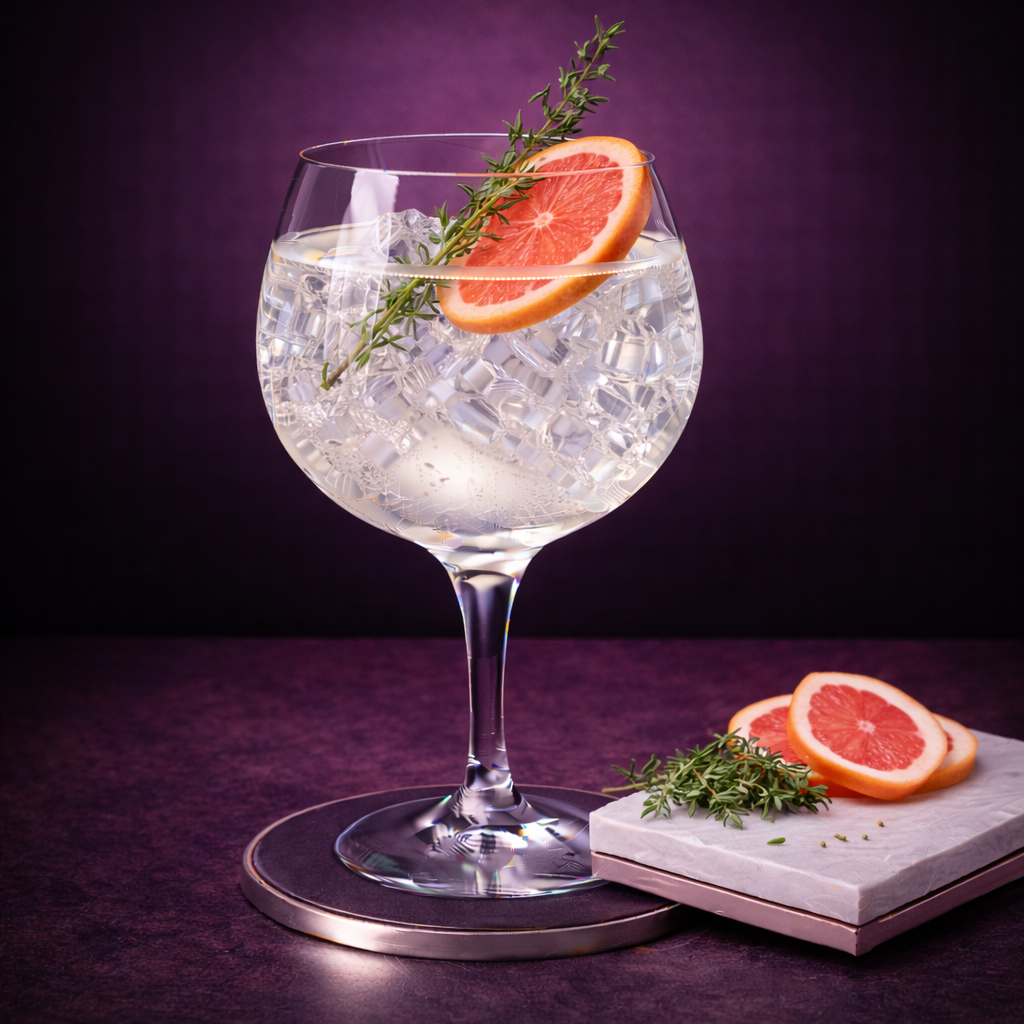 Whitley Neill Pink Grapefruit Gin servi avec Fever-Tree Mediterranean Tonic Water, agrémenté de Fresh thyme sprig et Thin slice of pink grapefruit