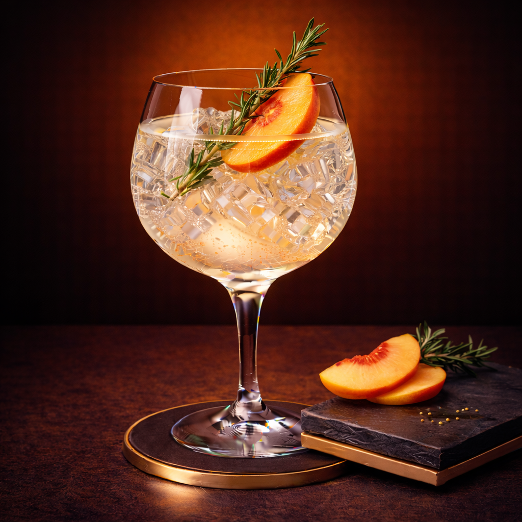 Whitley Neill Peach Gin servi avec London Essence White Peach & Jasmine Soda, agrémenté de thin slice of fresh peach et lightly bruised rosemary sprig