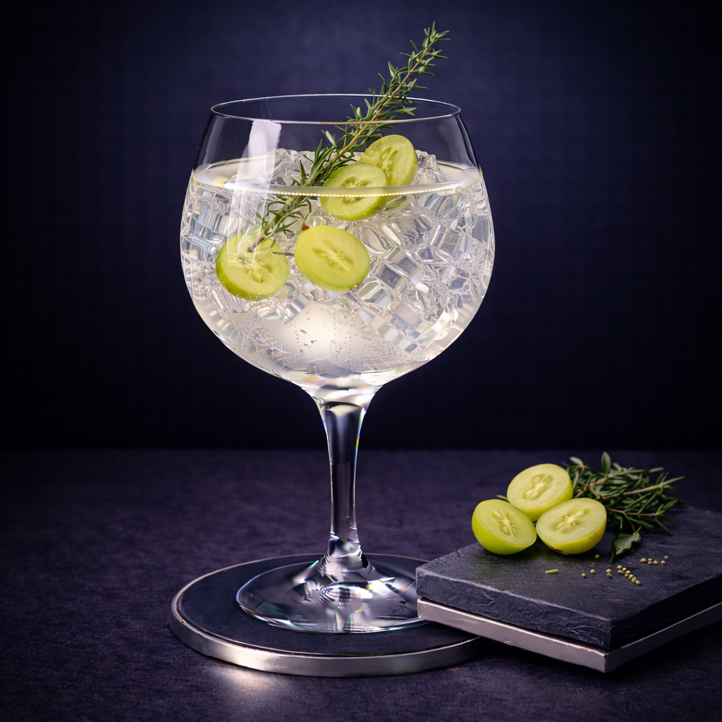 Villa Ascenti Gin served with Fever-Tree Mediterranean Tonic Water, garnished with Fresh thyme sprig and Halved green grapes