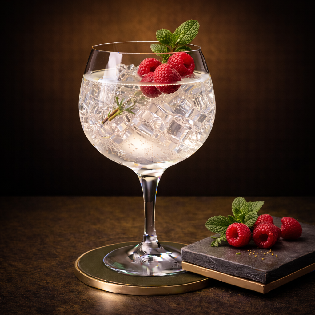 Valéo served with Fever-Tree Mediterranean Tonic Water, garnished with fresh raspberry and lightly bruised mint leaf
