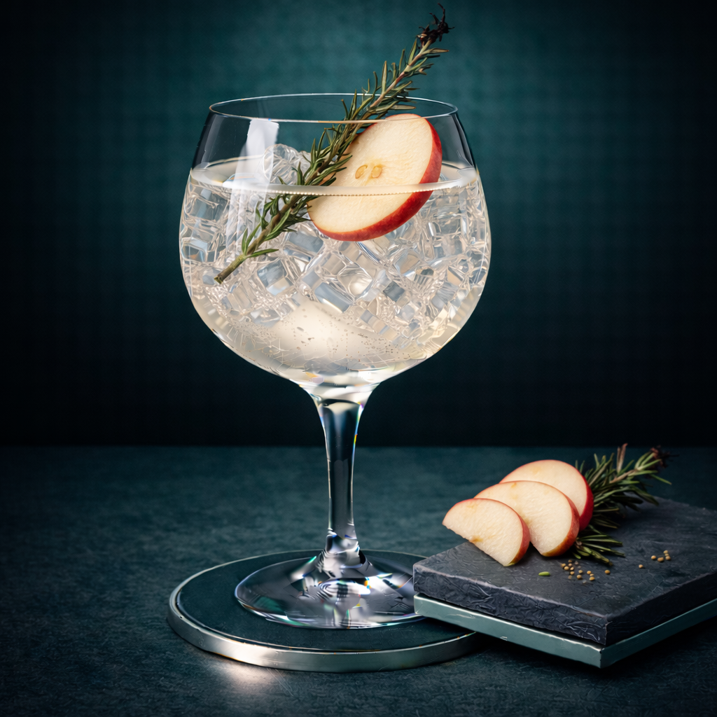 Valley of Mother of God Gin servi avec East Imperial Burma Tonic Water, agrémenté de lightly singed rosemary sprig et thin slice of McIntosh apple
