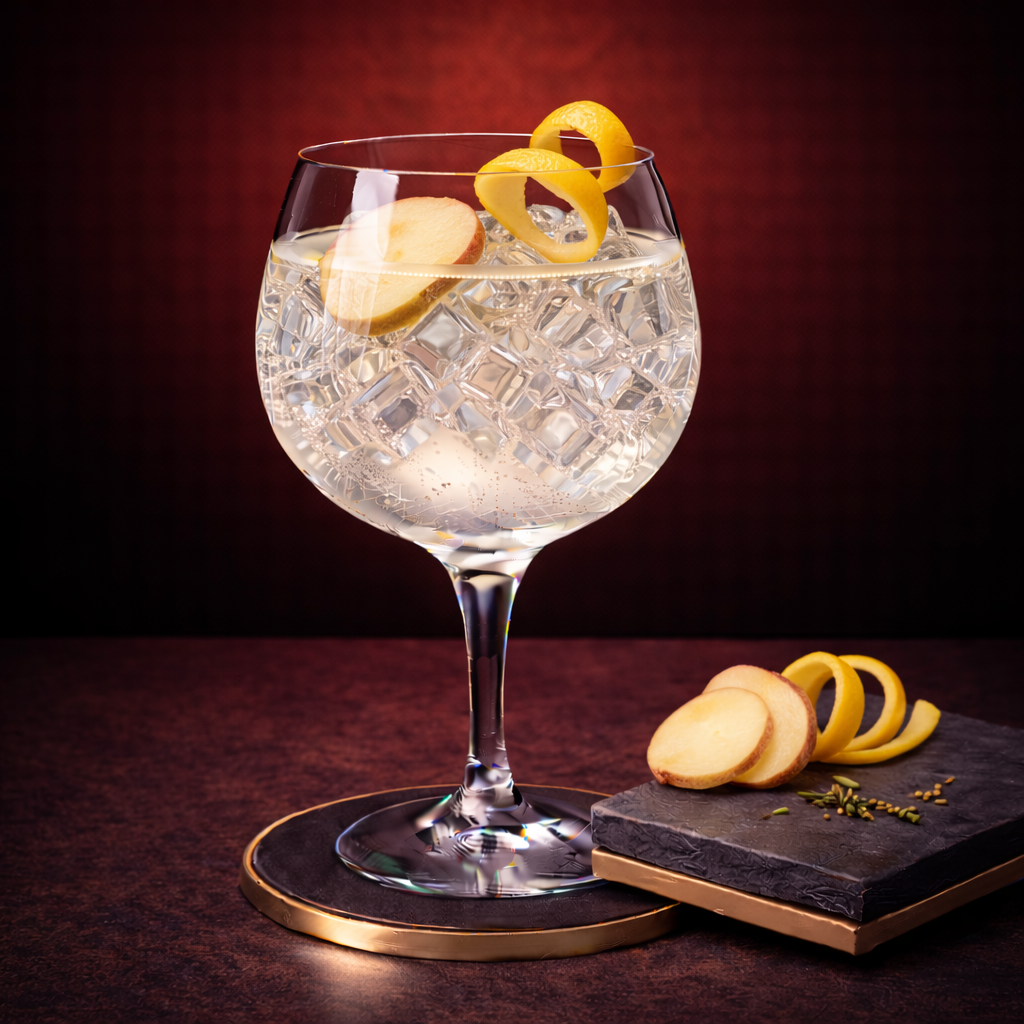 V2C Classic Dutch Dry Gin served with Fentimans Premium Indian Tonic Water, garnished with thin slice of fresh ginger and twist of lemon peel