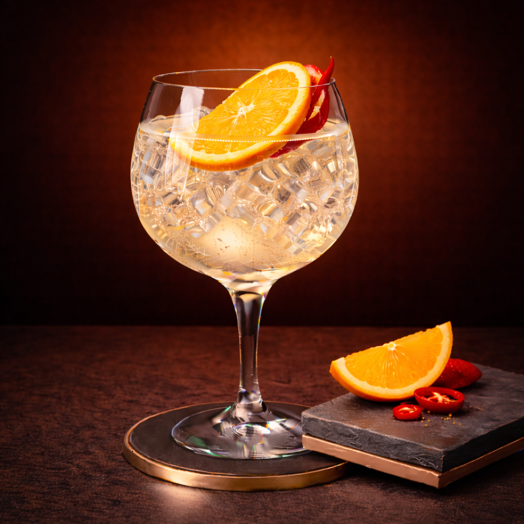 V2C Orange Dutch Dry Gin served with Fentimans Valencian Orange Tonic Water, garnished with thin slice of fresh orange and small piece of red chili