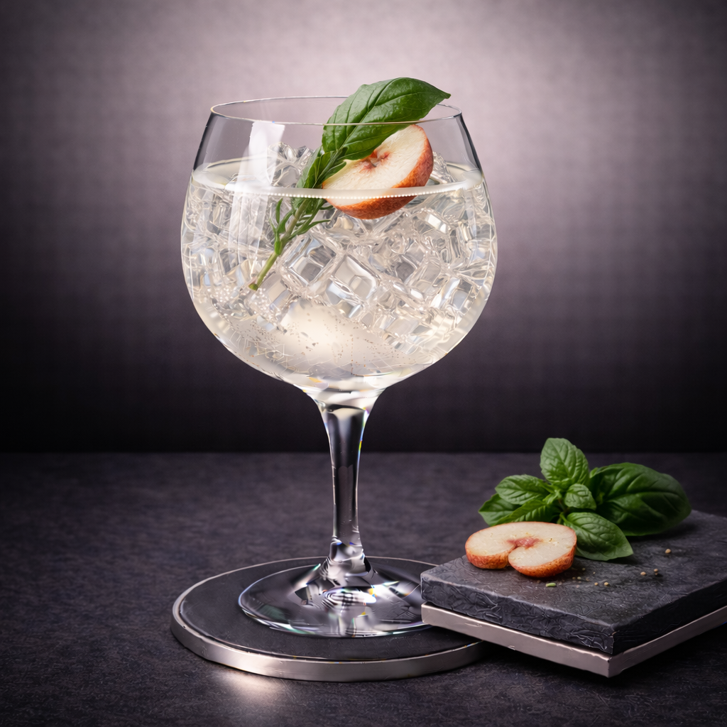 Panda Organic Gin Halloween Edition served with Fever-Tree Mediterranean Tonic Water, garnished with Fresh basil leaf, lightly slapped and Thin slice of lychee