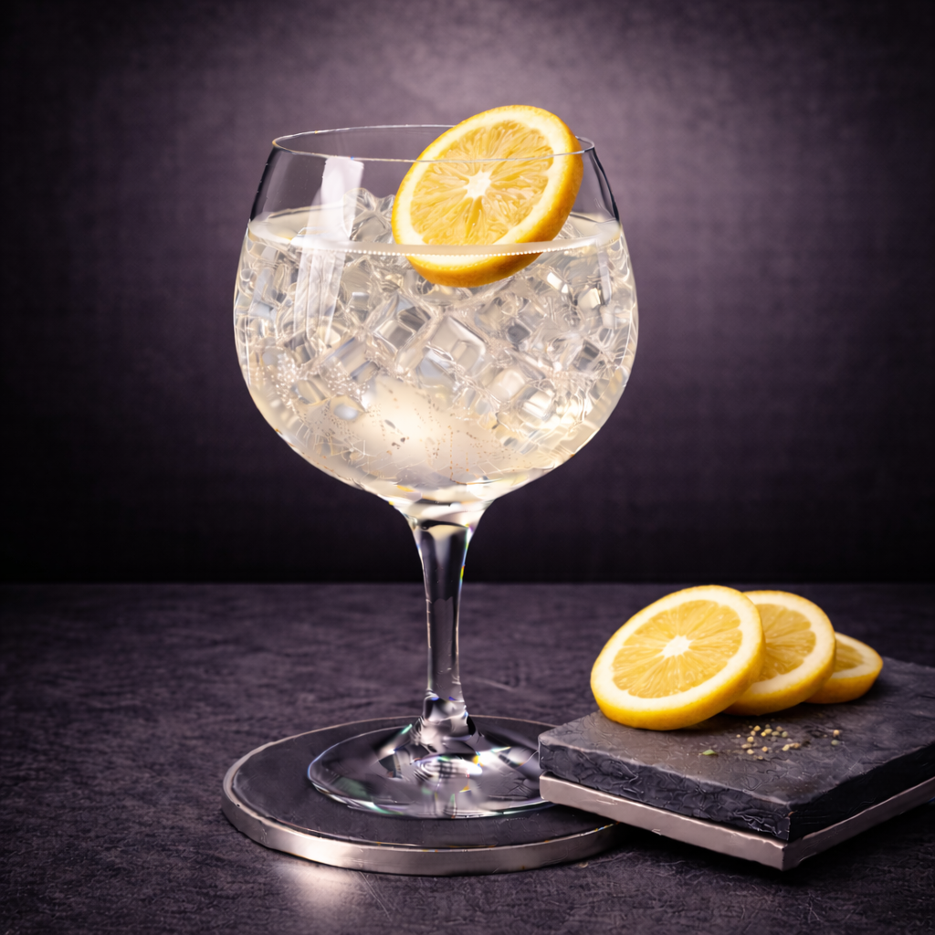 Gin Apotek Capsycum served with Fentimans Valencian Orange Tonic Water, garnished with Thin slice of fresh yuzu