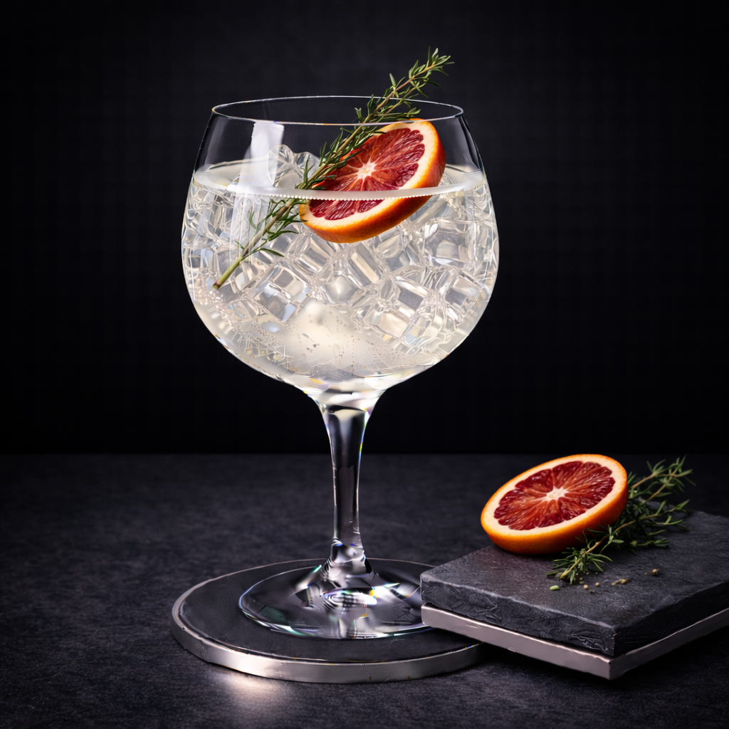 Gillemore Magical Gin servi avec Fever-Tree Mediterranean Tonic Water, agrémenté de Thin slice of blood orange et Sprig of fresh thyme