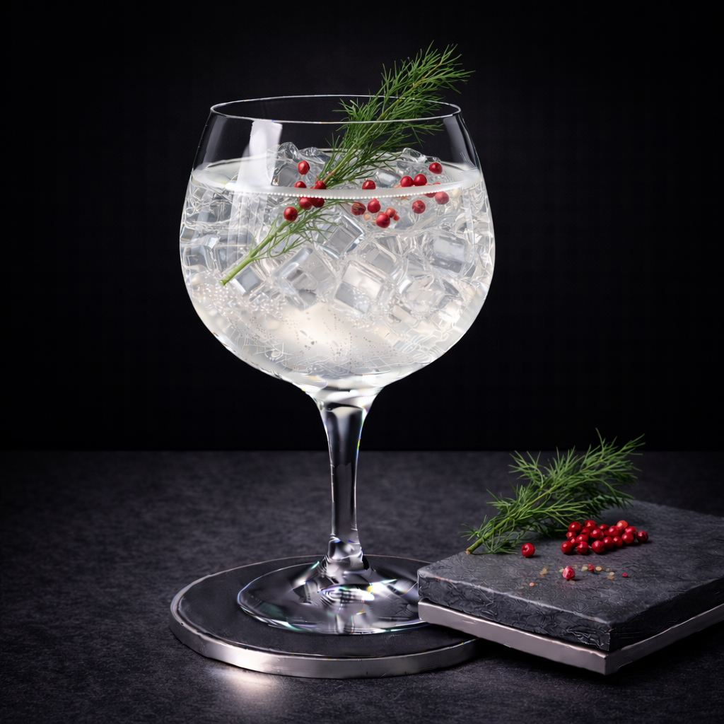 HAVN CPH Gin served with Lobsters Tonic Water, garnished with Fresh dill sprig and Pink peppercorns