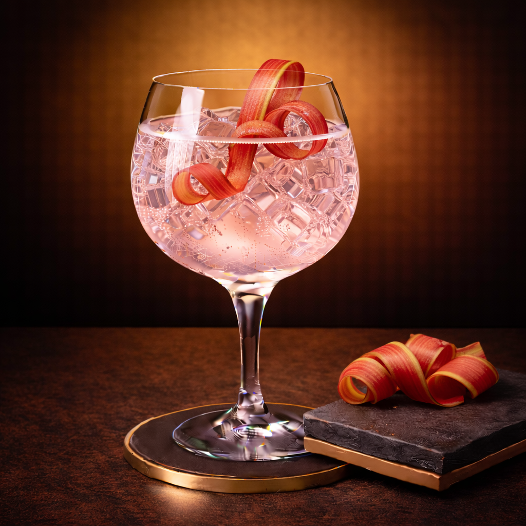 HAVN ANR Gin servi avec Fever-Tree Raspberry & Rhubarb Tonic, agrémenté de thin rhubarb ribbon