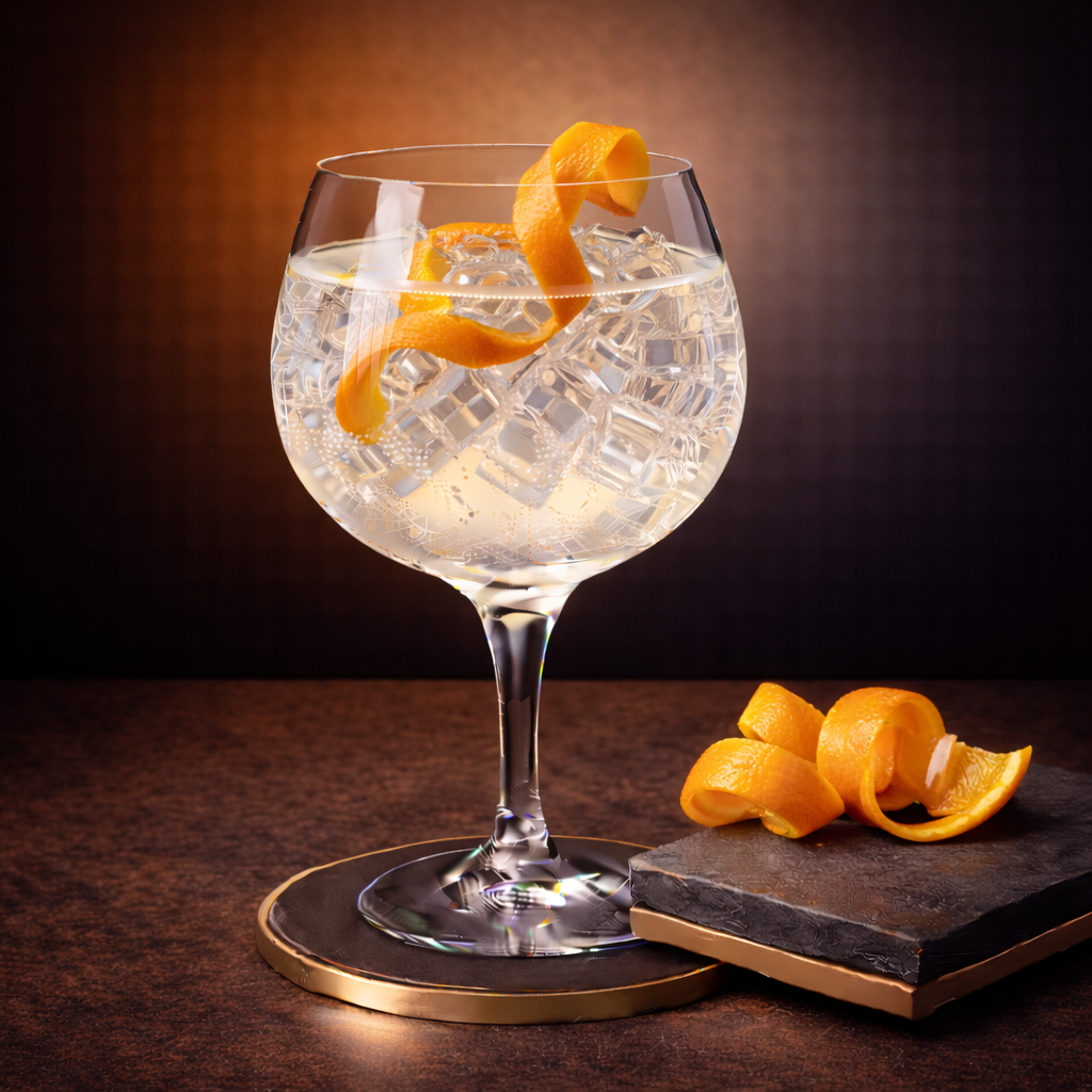 Filliers Tangerine Gin served with Thomas Henry Classic Premium Indian Style Tonic Water, garnished with Twist of fresh tangerine peel