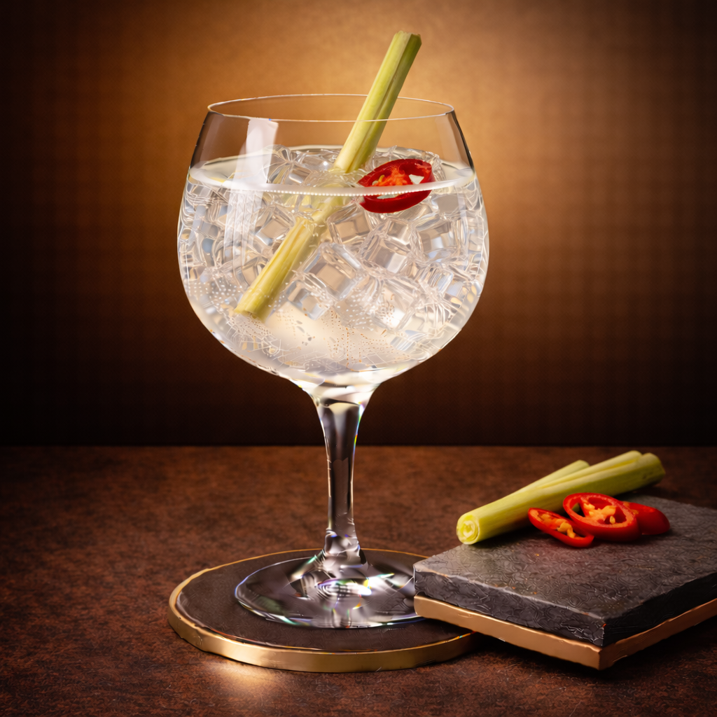 HAVN Bangkok Gin served with Lobsters Tonic Water, garnished with Fresh lemongrass stalk, lightly bruised and Thin slice of red chili pepper