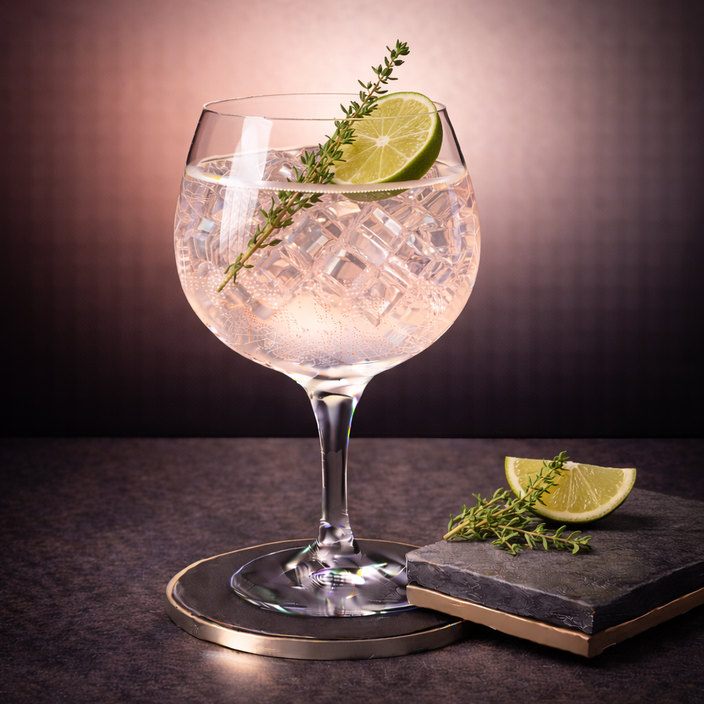 Crazy Monday Gin servi avec Schweppes Premium Mixer Pink Pepper Tonic, agrémenté de sprig of fresh thyme et thin slice of lime