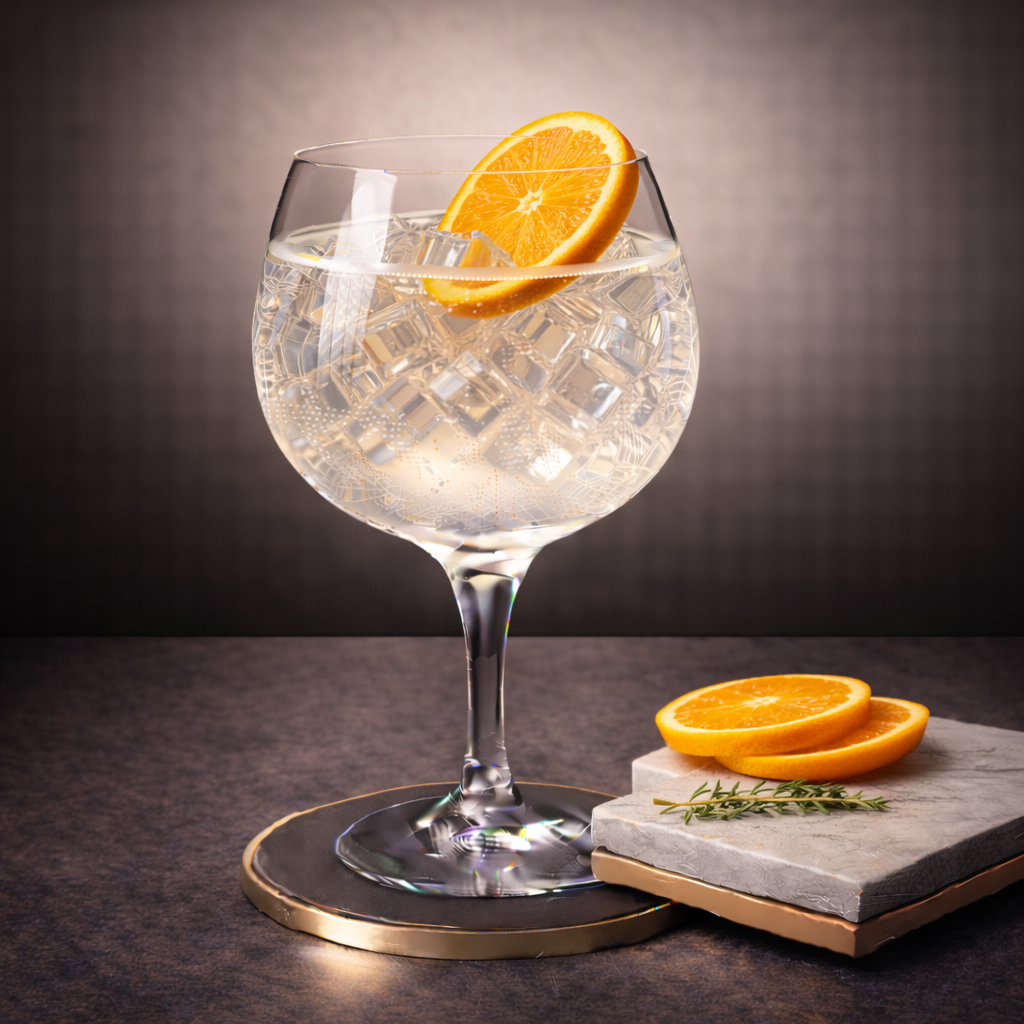 Belgium Gin Spirit Nr. 10 White Edition servi avec Schweppes Premium Mixer Pink Pepper Tonic, agrémenté de thin slice of fresh orange
