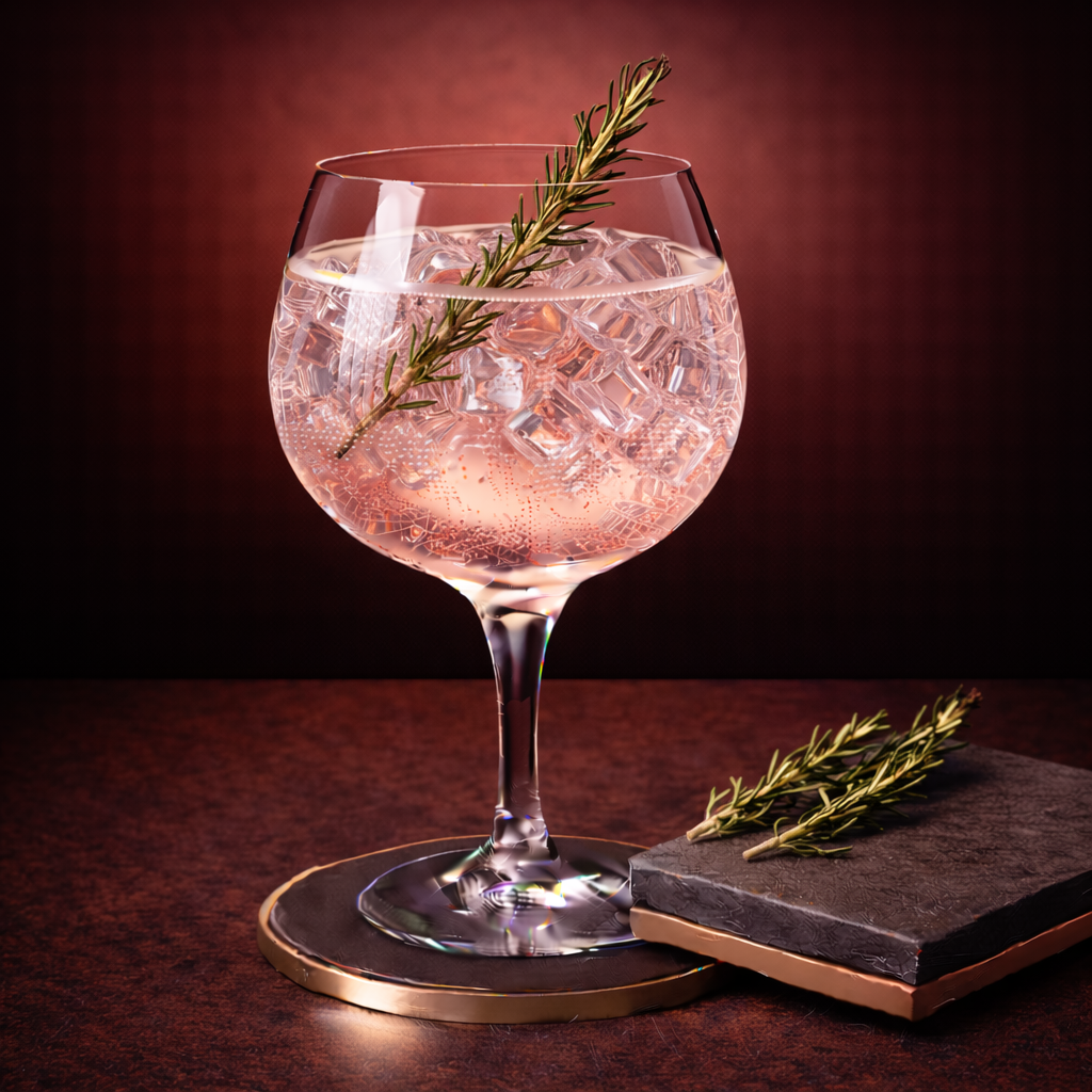 Marula Pomegranate Gin servi avec Fentimans Pink Grapefruit Tonic Water, agrémenté de lightly singed fresh rosemary sprig
