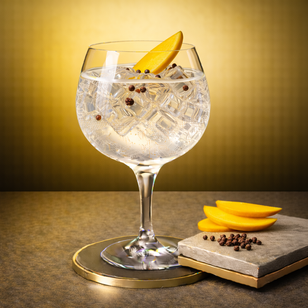Amuerte Yellow Edition served with Le Tribute Tonic Water, garnished with Thin slice of fresh mango and Few Sichuan peppercorns