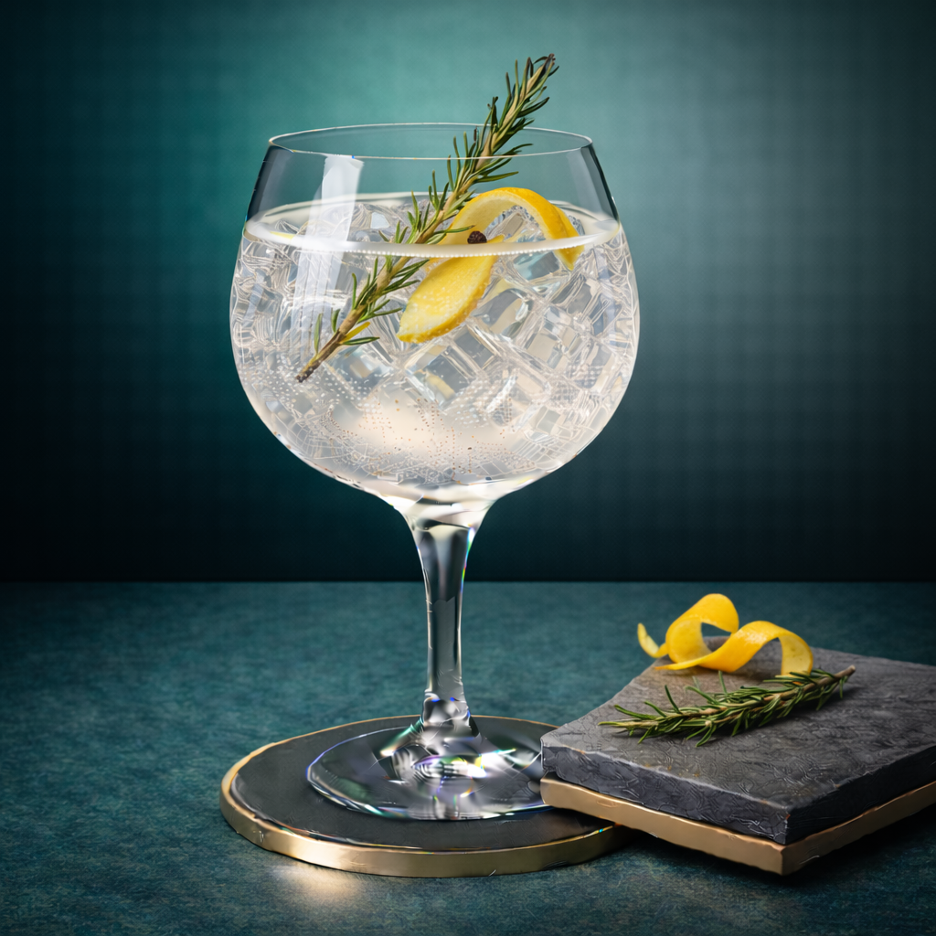 Spring Gin Mediterranee served with Swiss Mountain Spring Provençale Tonic Water, garnished with Lightly singed rosemary sprig and Thin strip of lemon peel