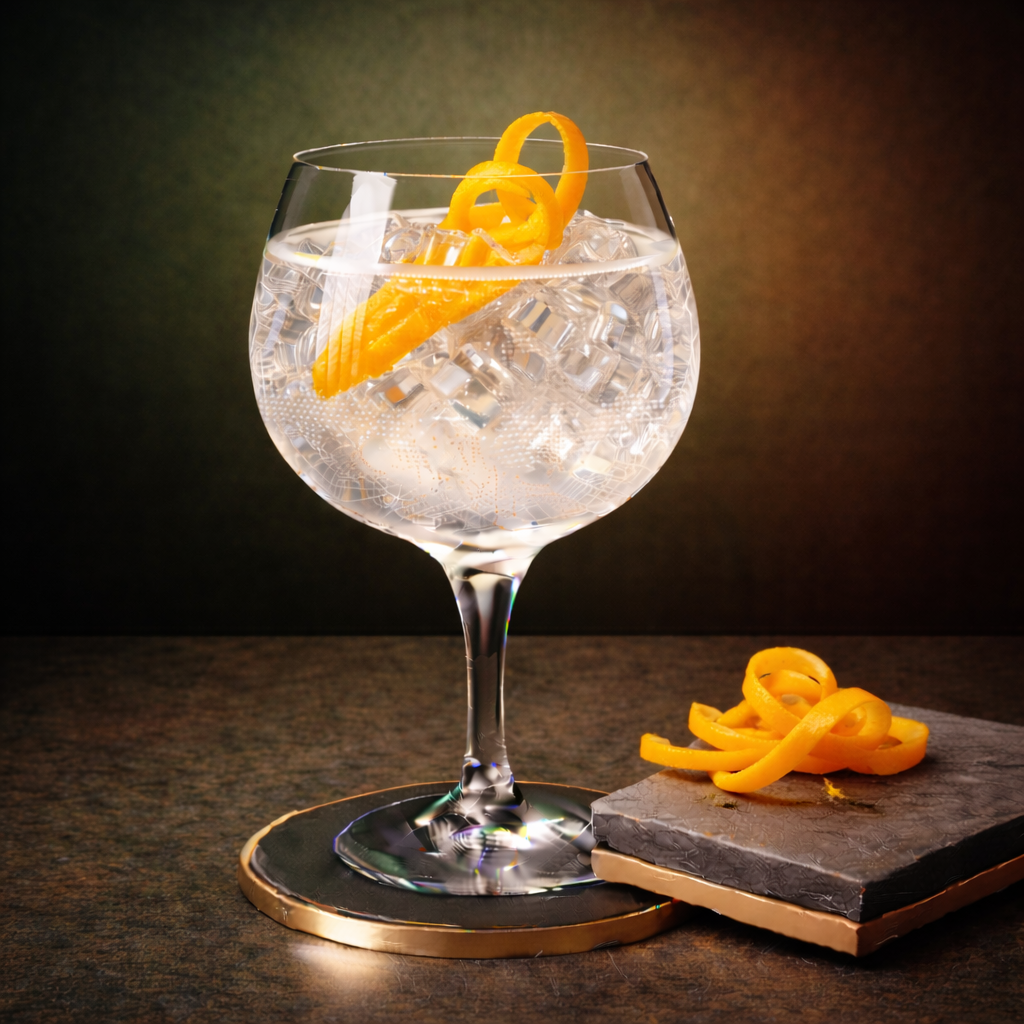 Sir Chill Gin Sans Alcohol 0 served with The London Essence Company Original Indian Tonic Water, garnished with Fresh mandarin zest