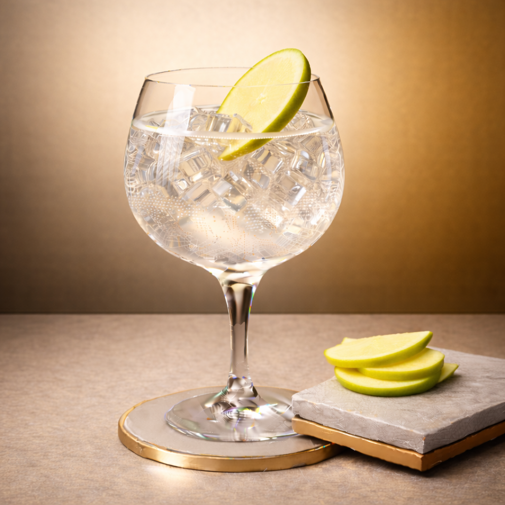 Cin'Kin Liqueur Tagetes served with Fentimans Elderflower Tonic Water, garnished with thin slice of green apple