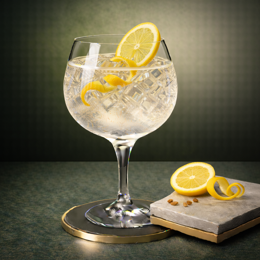 Yu Gin served with Fentimans Valencian Orange Tonic Water, garnished with Thin slice of fresh yuzu or lemon twist