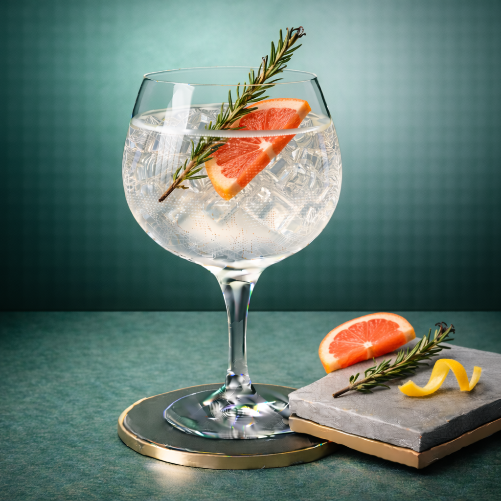 The Gardener Gin servi avec Fever-Tree Mediterranean Tonic Water, agrémenté de Thin slice of pink grapefruit et Lightly singed rosemary sprig