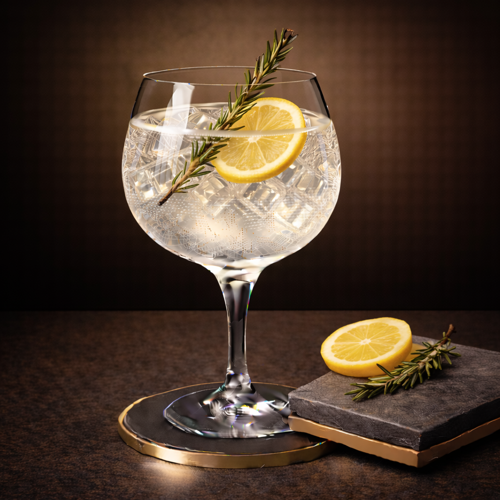 Saint-Louis Gin served with Fever-Tree Mediterranean Tonic Water, garnished with Thin slice of fresh lemon and Lightly bruised rosemary sprig