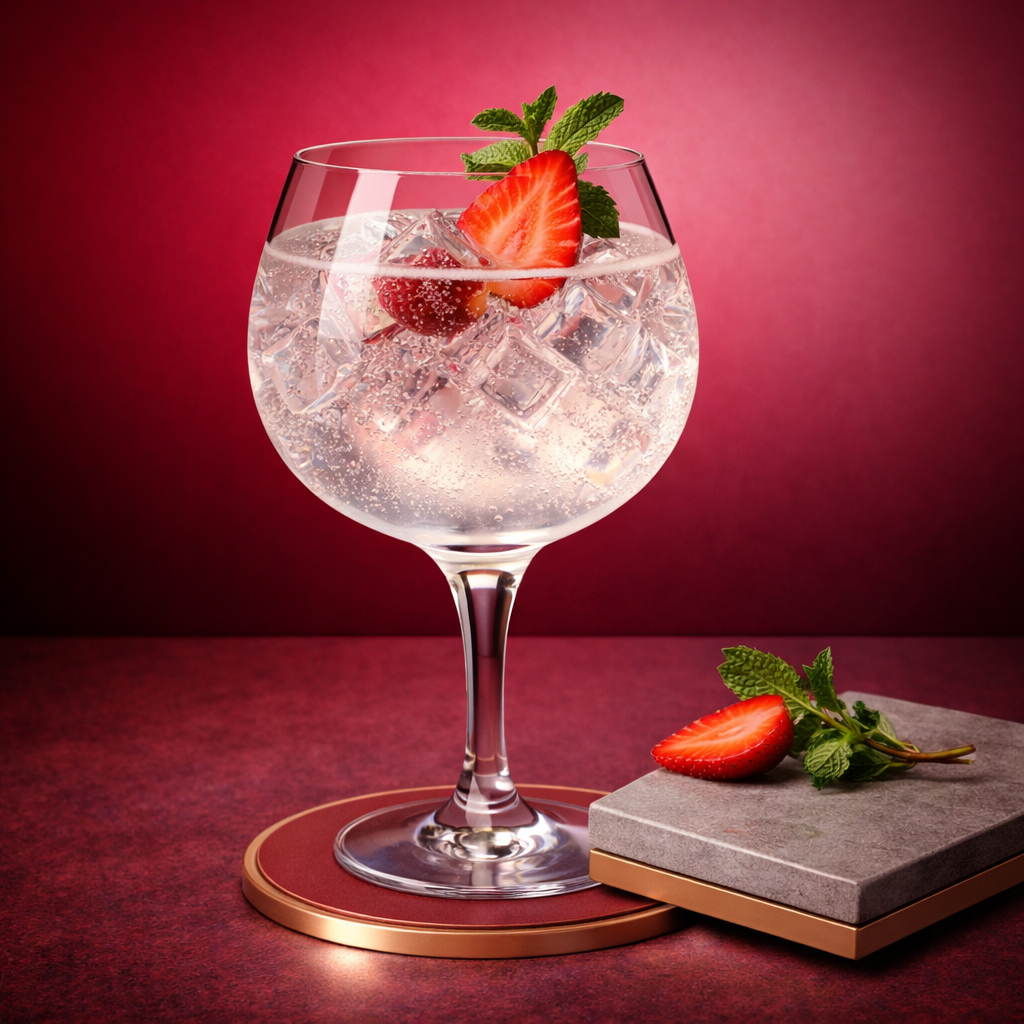 Rose D'Argent Strawberry Gin served with Fever-Tree Elderflower Tonic Water, garnished with thin slice of fresh strawberry and lightly bruised mint sprig