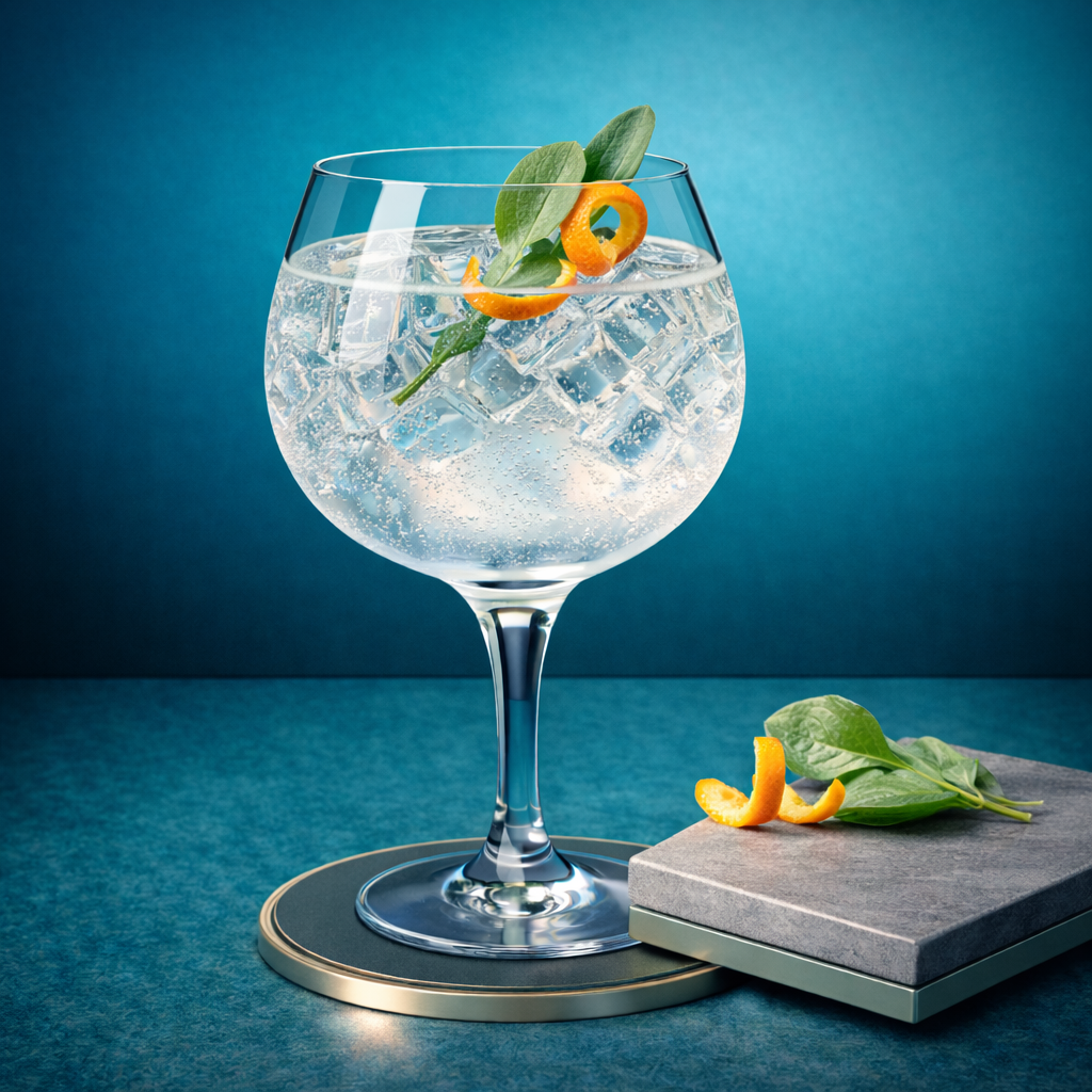 Retha Oceanic Gin served with Fever-Tree Mediterranean Tonic Water, garnished with fresh oyster leaf and thin slice of mandarin zest