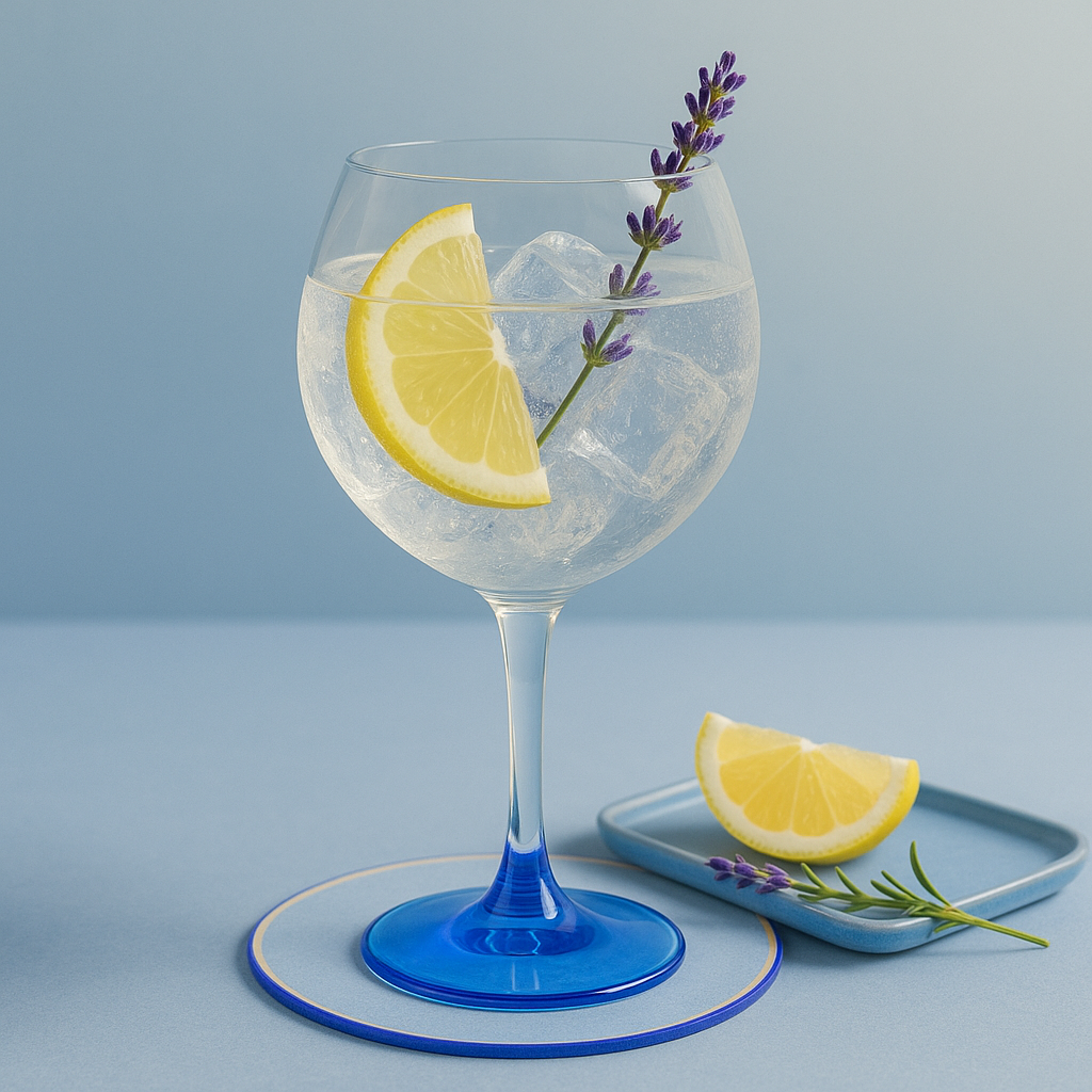 1836 Organic Gin served with Thomas Henry Elderflower Tonic, garnished with Lemon Slice and Fresh Lavender Sprig