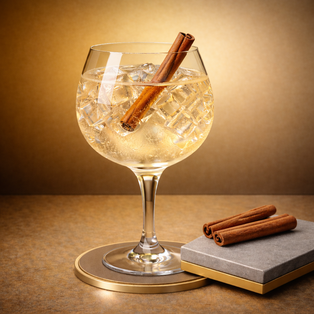 Monson's Dry Gin served with Fentimans Valencian Orange Tonic Water, garnished with cinnamon stick