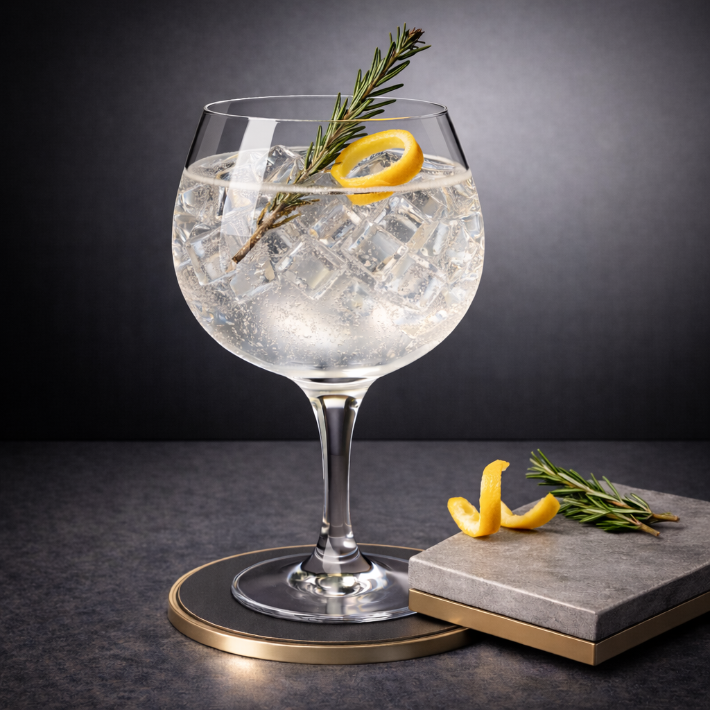 Maralpa Gin Signature served with Fever-Tree Mediterranean Tonic Water, garnished with Lightly singed rosemary sprig and Thin slice of lemon peel