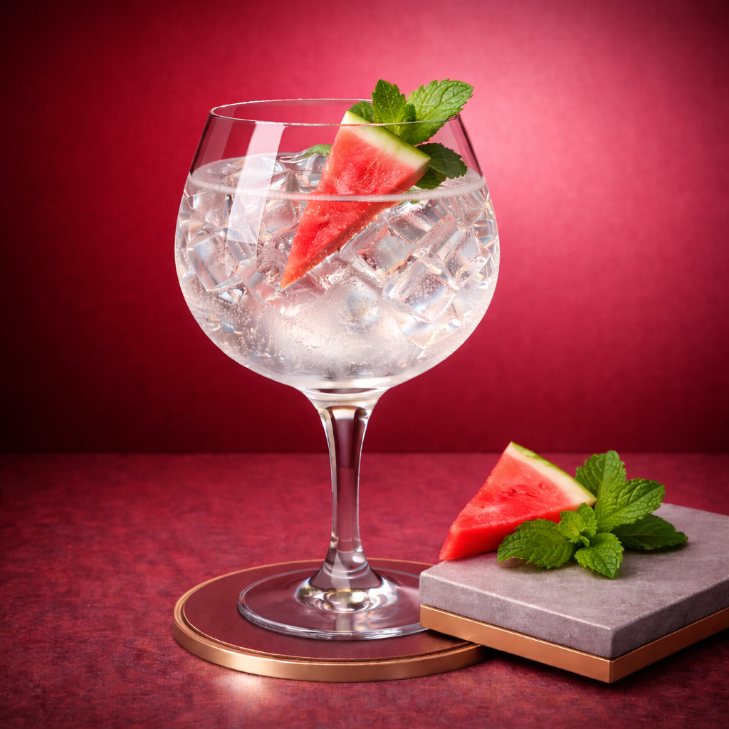 June Watermelon served with Double Dutch Cucumber Watermelon Tonic, garnished with Thin slice of fresh watermelon and Sprig of mint