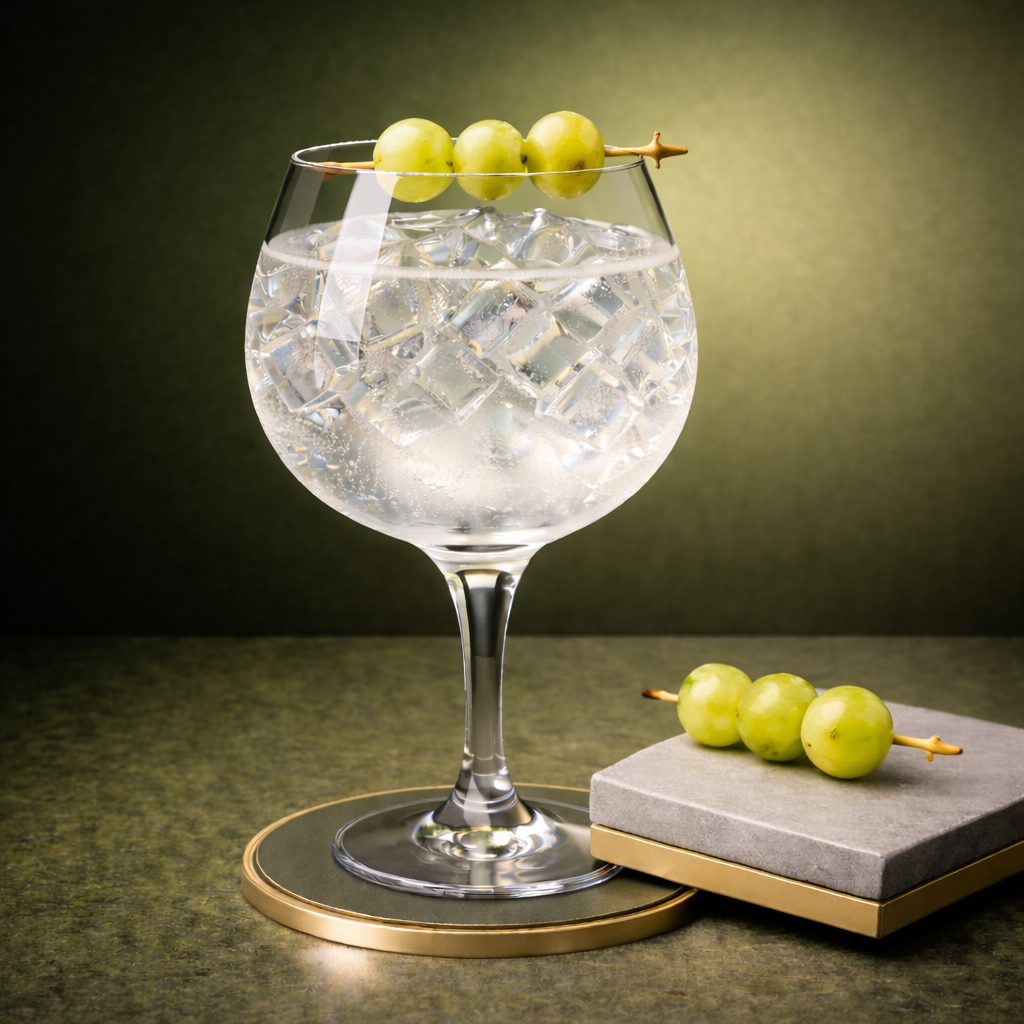 G'Vine Floraison served with Le Tribute Tonic Water, garnished with Skewer of three white grapes
