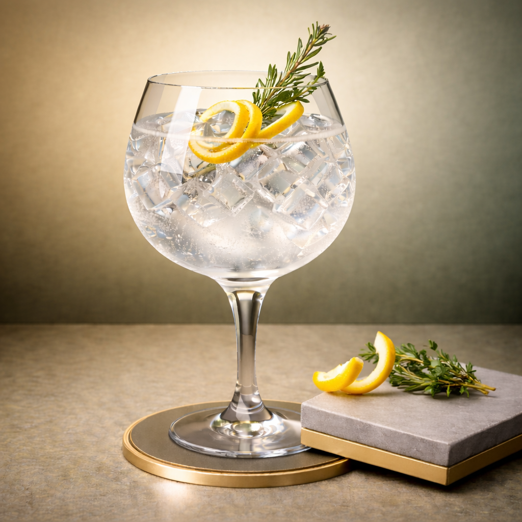 Gin Tropez served with Fever-Tree Mediterranean Tonic Water, garnished with thin slice of lemon peel and fresh thyme sprig