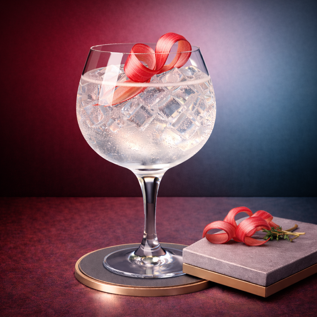 Citadelle Rouge served with Hysope Elderflower Tonic Water, garnished with fresh rhubarb ribbon