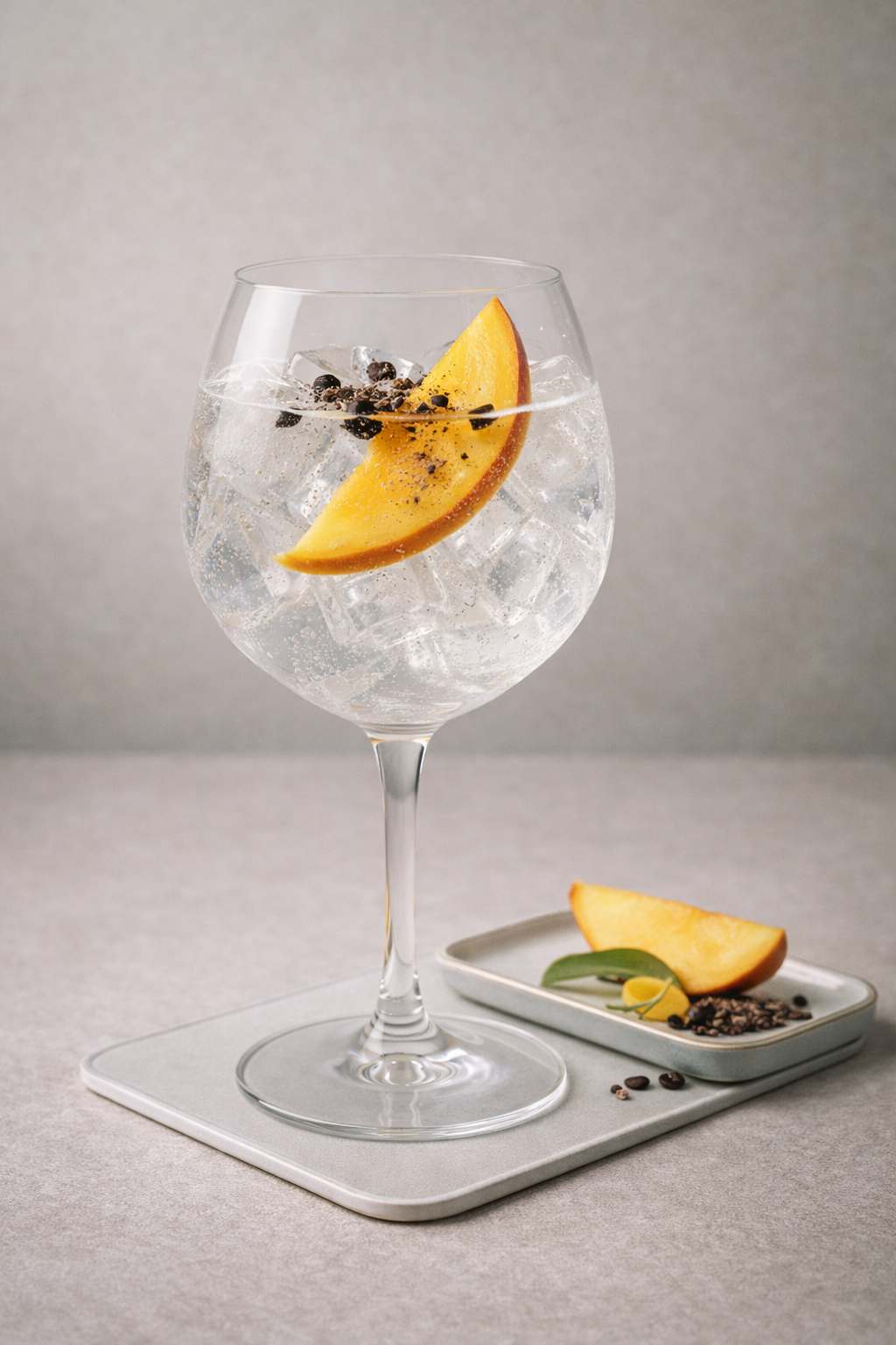 Tonka Gin served with East Imperial Bursting With Citrus Flavours – Yuzu & Pink Grapefruit, garnished with Fresh Mango Slice and Crushed Tonka Beans