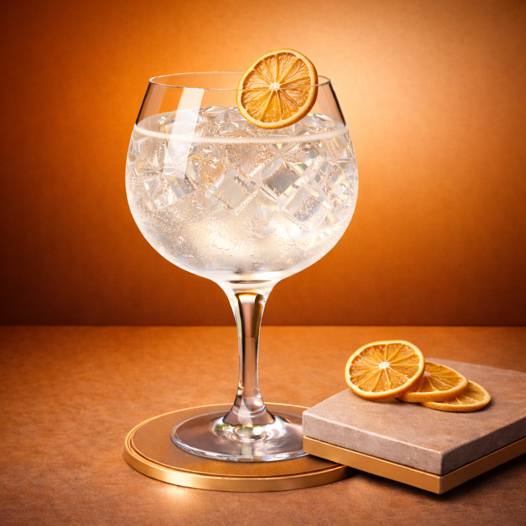 Citadelle Old Tom No Mistake served with Fever-Tree Elderflower Tonic Water, garnished with thin slice of dehydrated lemon wheel