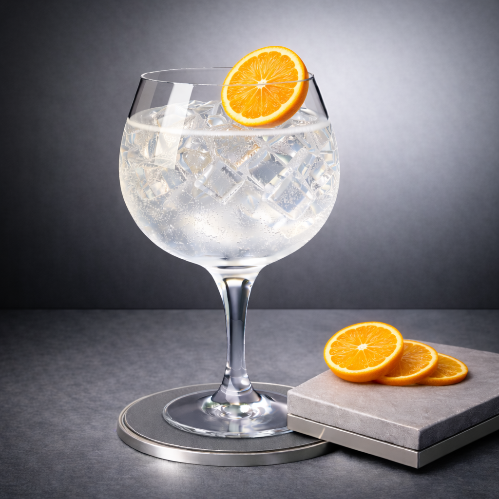Brana Gin au Piment D'Espelette served with Fever-Tree Refreshingly Light Indian Tonic Water, garnished with thin slice of fresh orange