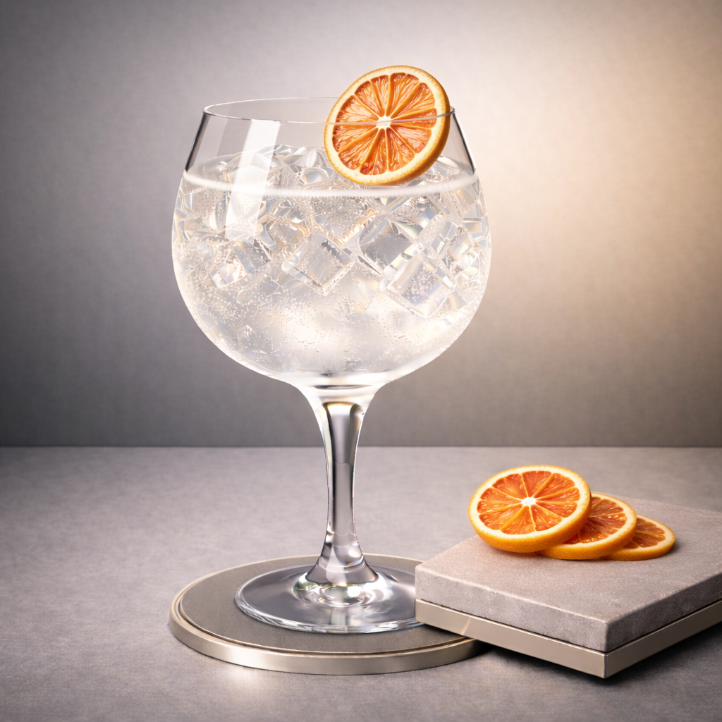 Cantarelle Gin de Provence Exclusive served with Le Tribute Tonic Water, garnished with thin slice of dehydrated grapefruit