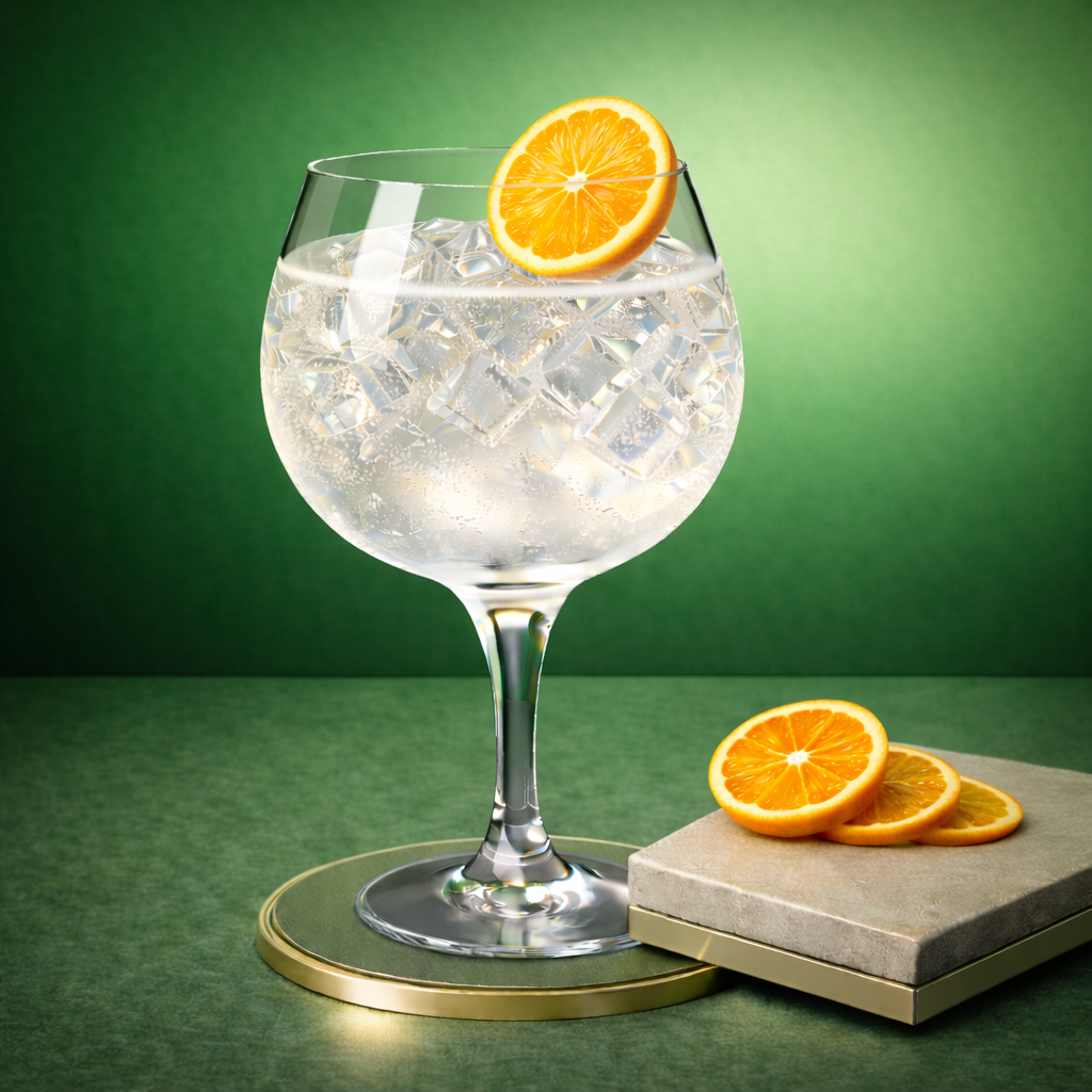 G'Vine Floraison Édition Spéciale Jaime Lorente served with Fever-Tree Mediterranean Tonic Water, garnished with thin slice of fresh orange