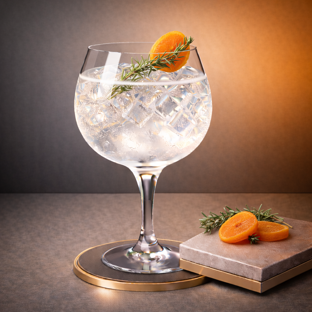 Oski Dry Gin servi avec Fentimans Valencian Orange Tonic Water, agrémenté de Fresh Armenian thyme sprig, lightly bruised et Thin slice of dried apricot