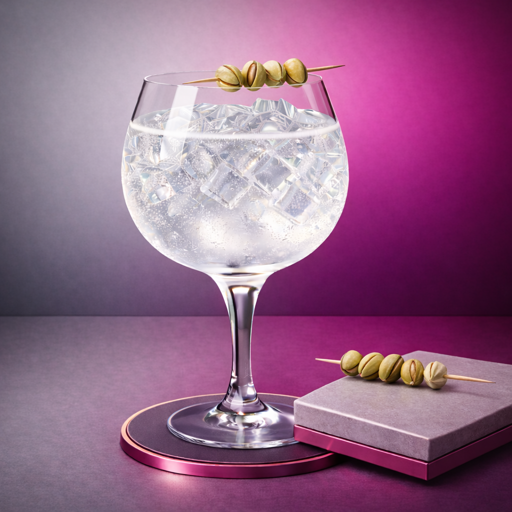 Me Cassez Pas Les Noix servi avec Fentimans Connoisseurs Tonic Water, agrémenté de lightly toasted pistachio skewer