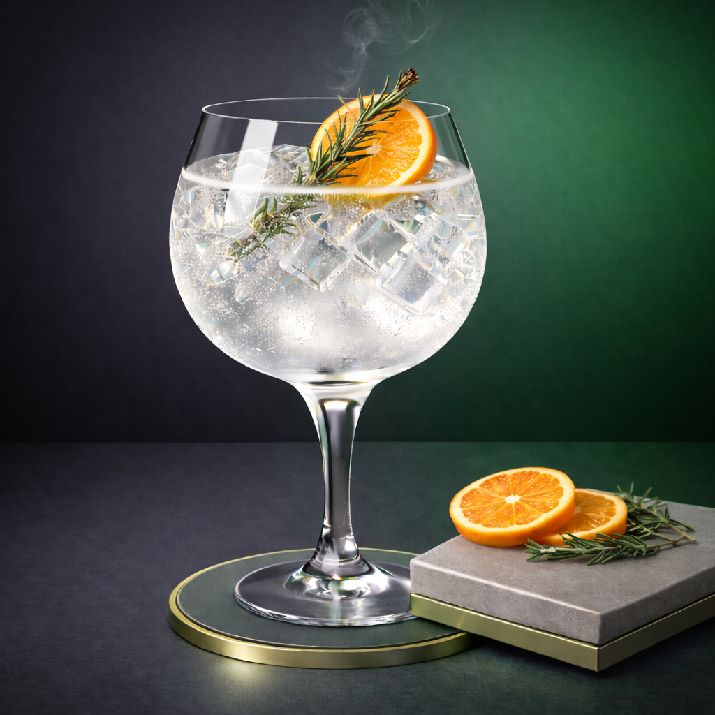 Gin Dank served with Fever-Tree Mediterranean Tonic Water, garnished with thin slice of fresh orange and lightly singed rosemary sprig