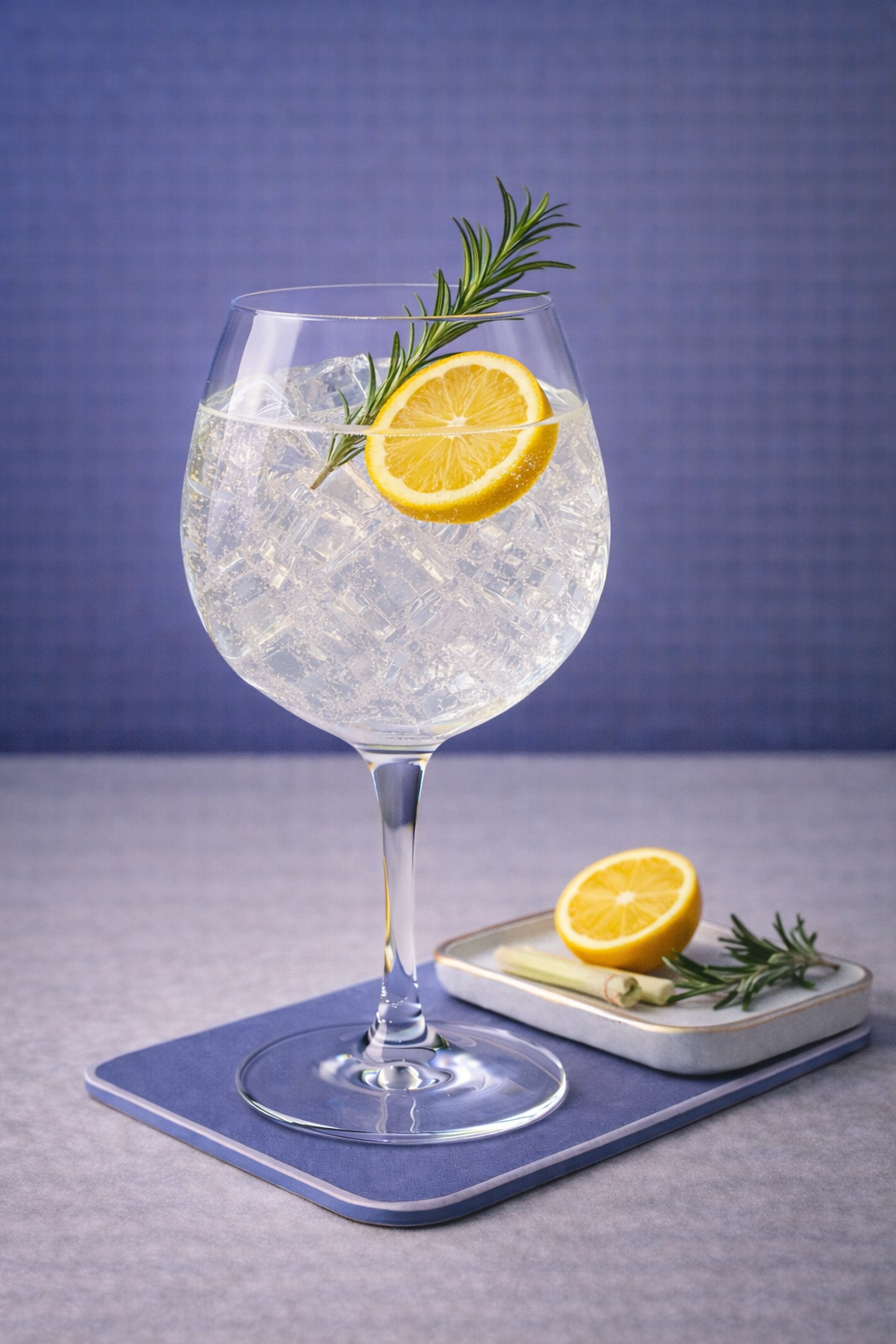 Source Gin served with Thomas Henry Tonic Water, garnished with Meyer lemon wheel and Fresh rosemary sprig