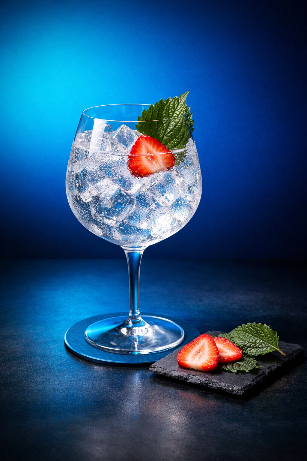 Iki Kagura 2023 served with East Imperial Yuzu Tonic, garnished with Thin slice of fresh strawberry and Lightly bruised shiso leaf